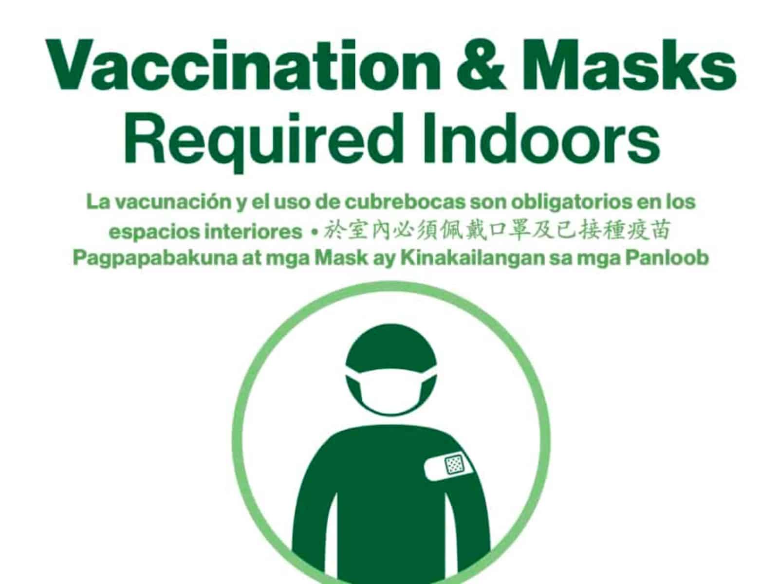 Covid compliance sign: masks and vaccination required.