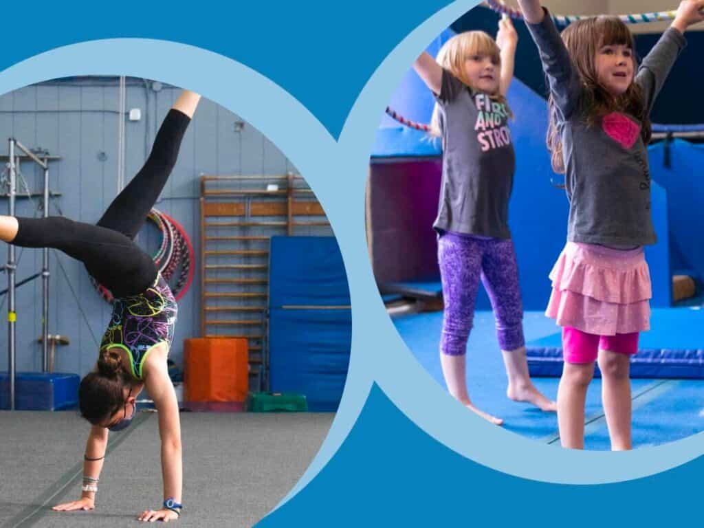 a collage of children doing gymnastics on a trampoline
