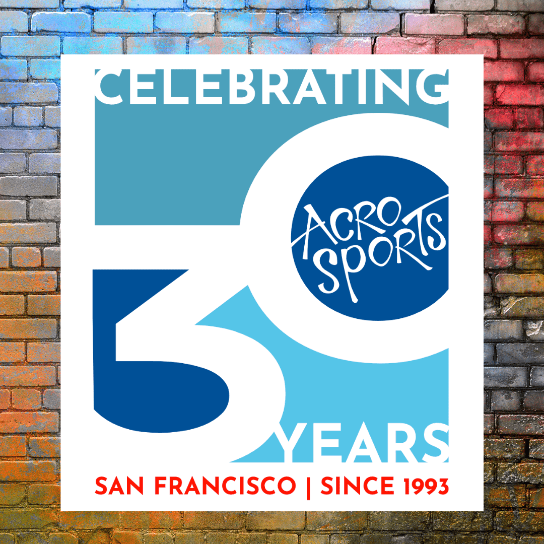 AcroSports 30th Anniversary logo on a brick wall
