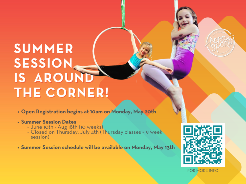 Flyer for AcroSports 2024 Summer session information