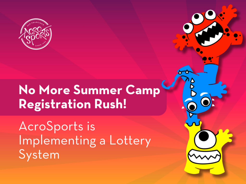 AcroCamp characters announcing No More Summer Camp Registration Rush!