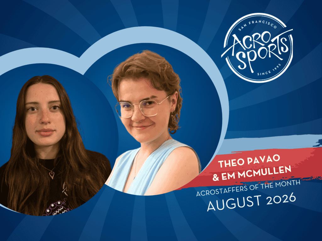 Headshots of August AcroStaffers of the Month Theo Pavao and Em McMullen framed in circular cutouts against a blue graphic background featuring the San Francisco AcroSports logo.