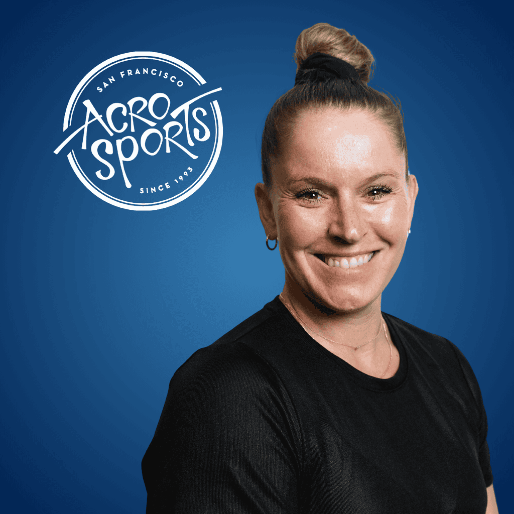 Tonya Paoli with the AcroSports San Francisco logo on a blue backdrop.