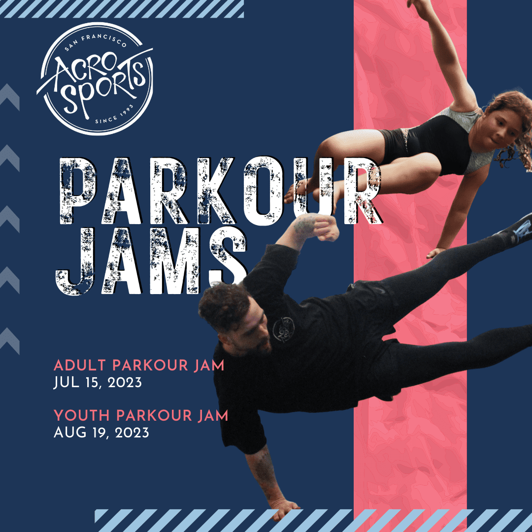 Event flyer for AcroSports Parkour Jams 2023